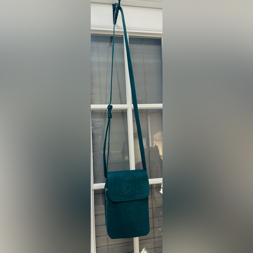 Ropin West, Teal Crossbody w. Hand Tooled Full Grain  Leather